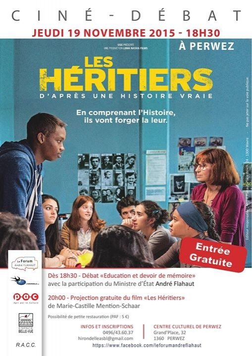 chriskrirem's tweet photo. Ciné débat: Devoir de mémoire suivi du film" les Héritiers"  19/11/2015 à 18h au Centre culturel  Perwez. https://t.co/r8Ni4bP6km