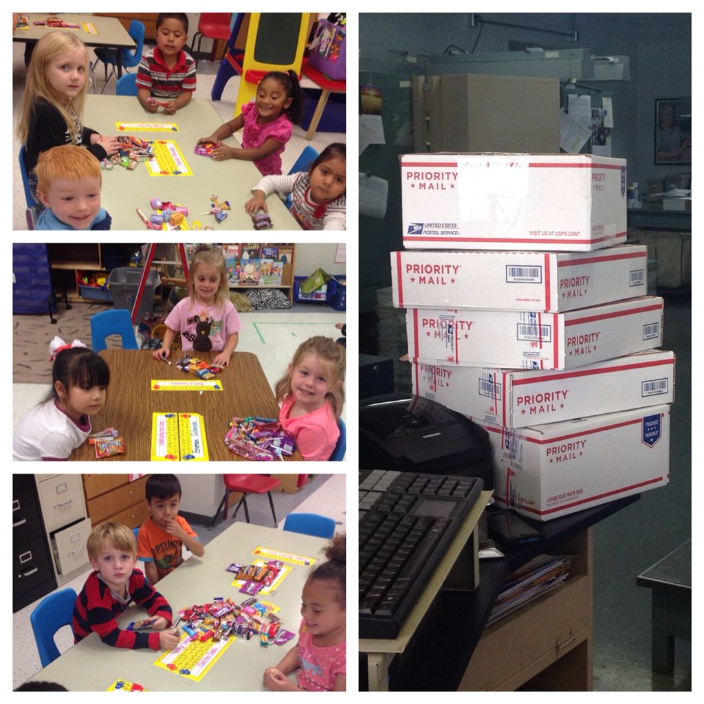 Preklmcfarland's tweet photo. Sorting and packing candy for our troops. @GodleyISD @GodleyElem https://t.co/1eFokyDXC6