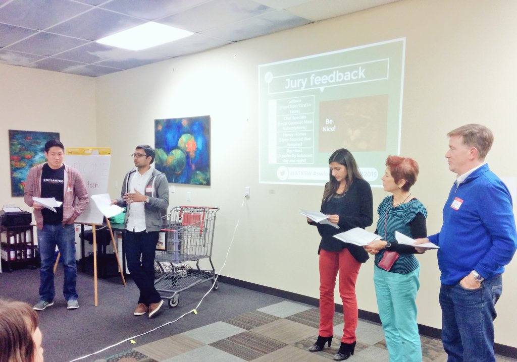 The <a href="/ATXSW/">Startup Weekend ATX</a> jury gives feedback to the 4 participating teams of #SWfoodtech. Thank you Jae, Harsh, Robyn, Hanna, Joe.