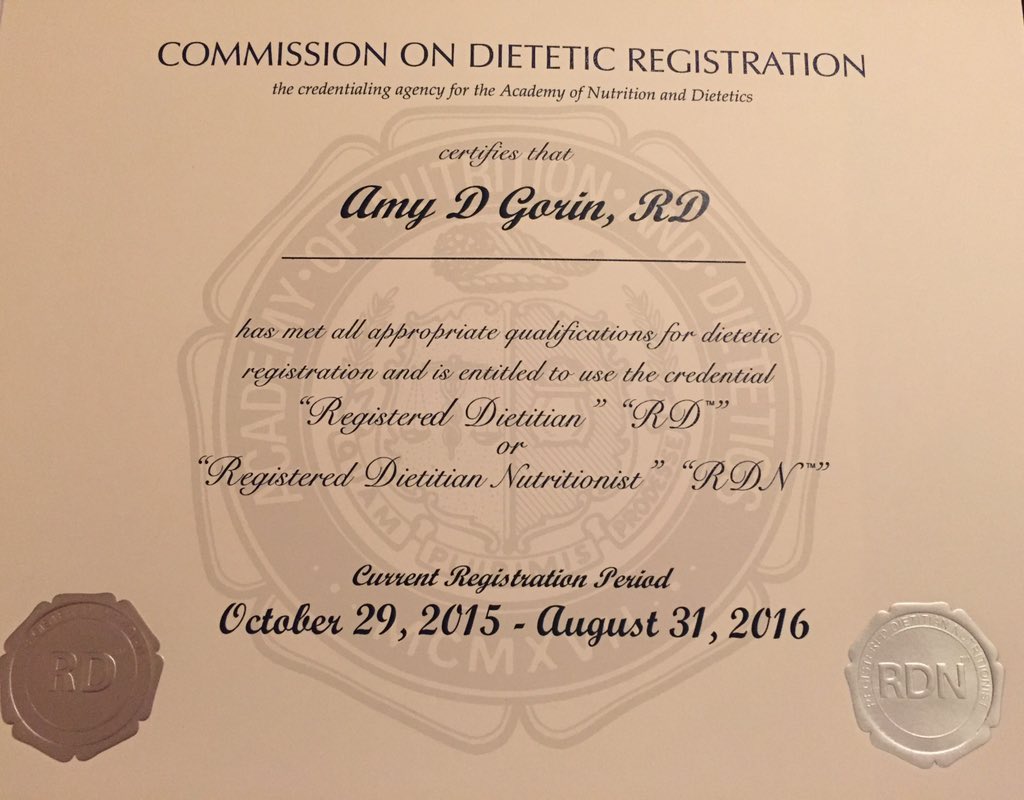 amydgorin's tweet photo. Woohoo! Just got this baby in the mail! #RD #RDN #itsreallyofficial https://t.co/o52NKvqWVM