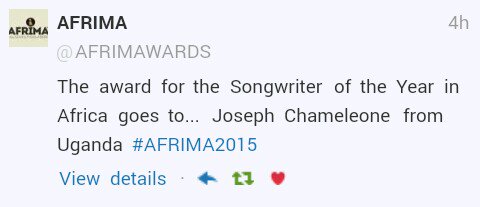 Congs to you <a href="/JChameleone/">JOSE CHAMELEONE</a> upon winning the award of Best SongWriter of the Year 2015 in Africa @AFRIMAWARDS