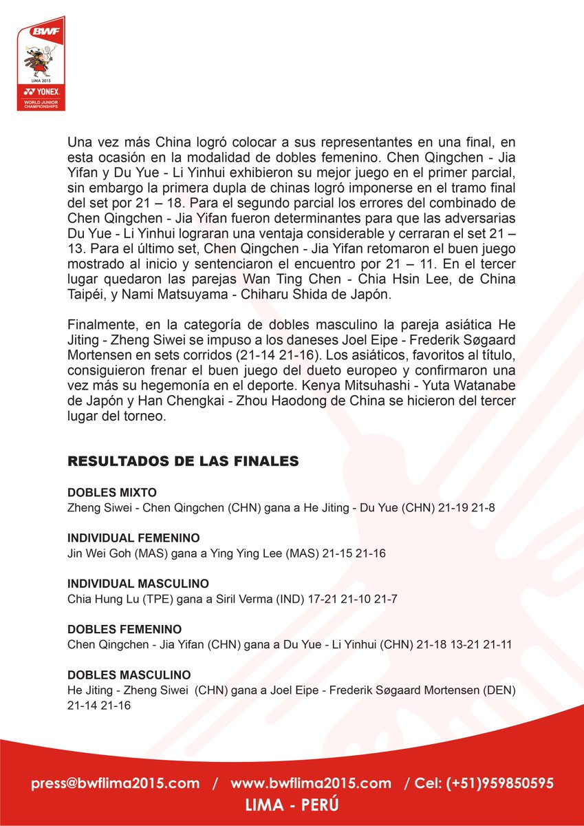 LimaBwf's tweet photo. #BWFLIMA2015 CHINA REAFIRMA SU HEGEMONÍA EN EL MUNDIAL JUNIOR DE BADMINTÓN “EYE LEVEL CUP” #badminton #EyeLevelCup https://t.co/Fir2FjXFea