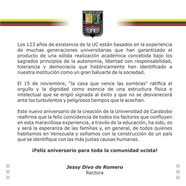 fcsaragua's tweet photo. Celebración de los 123 años de fundación de la Universidad de Carabobo.  Orgullosos de ser Ucistas!! https://t.co/hnDLTNERiq