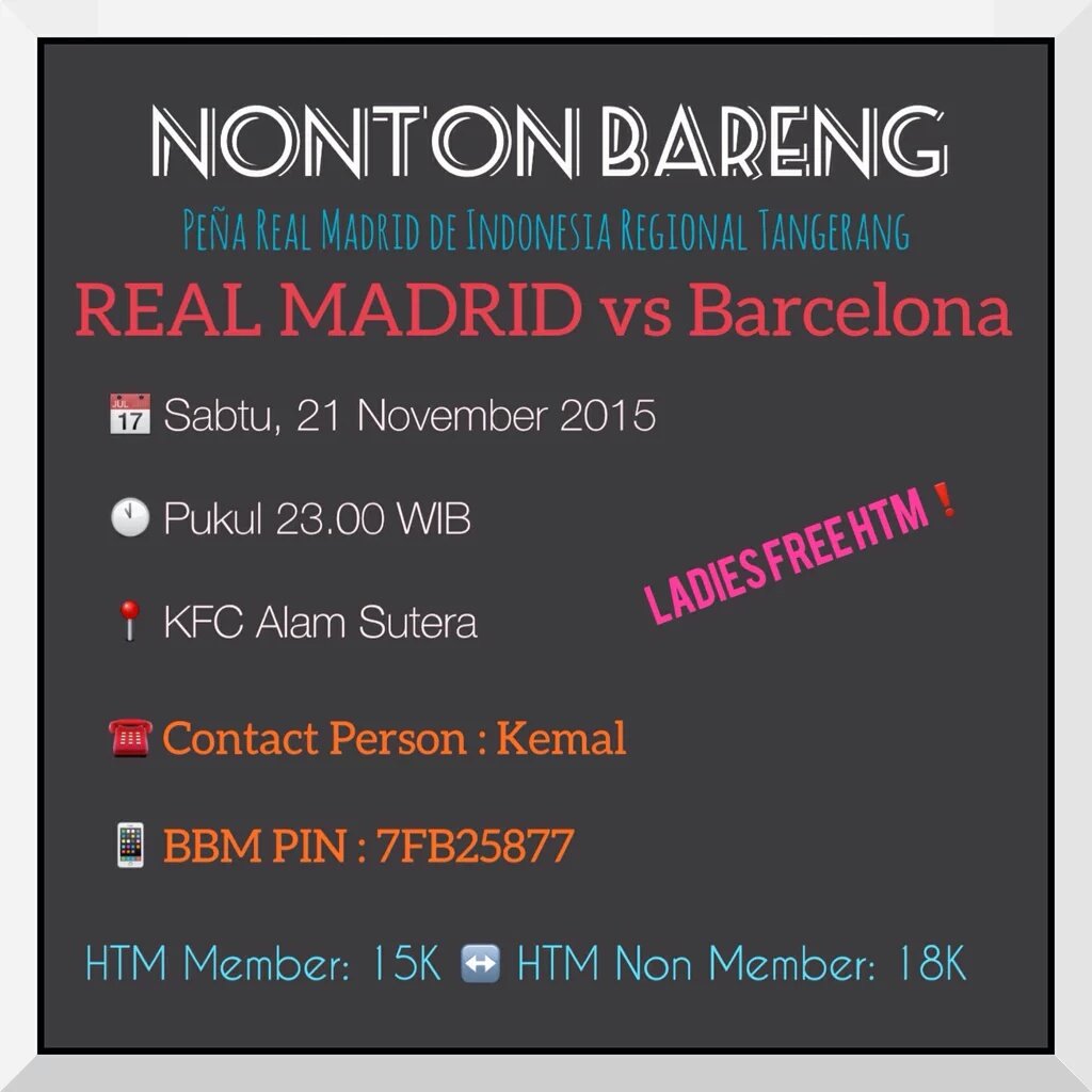 Tangerang - Nonton bareng El Clásico di KFC Alam Sutra. Info lebih lanjut hubungi <a href="/Madrid_IndoTGR/">Peña RM de Indo TGR</a>.