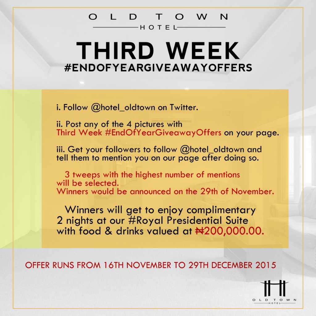 Ibadan247's tweet photo. Enjoy 2 nights free at Oldtown Hotel Ibadan ~~~>>> @hotel_oldtown: Third Week #EndOfYearGiveAwayOffers https://t.co/HjEuXX5H8E