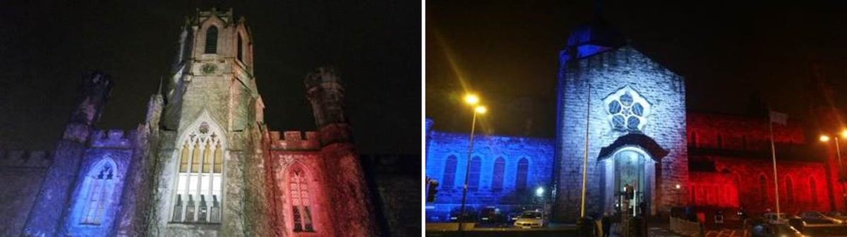 Galway Cathedral &amp; the Quadrangle @nuigalway especially lit in solidarity with victims of terrorism @IYL2015
