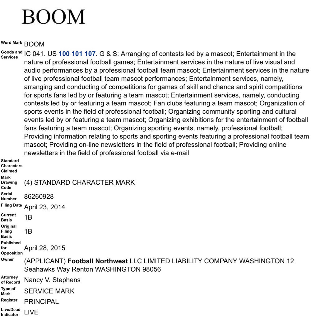 darrenrovell's tweet photo. The Seahawks have not only sought to trademark "Legion Of a Boom," but also plain "Boom" https://t.co/kcdQgw3NPr