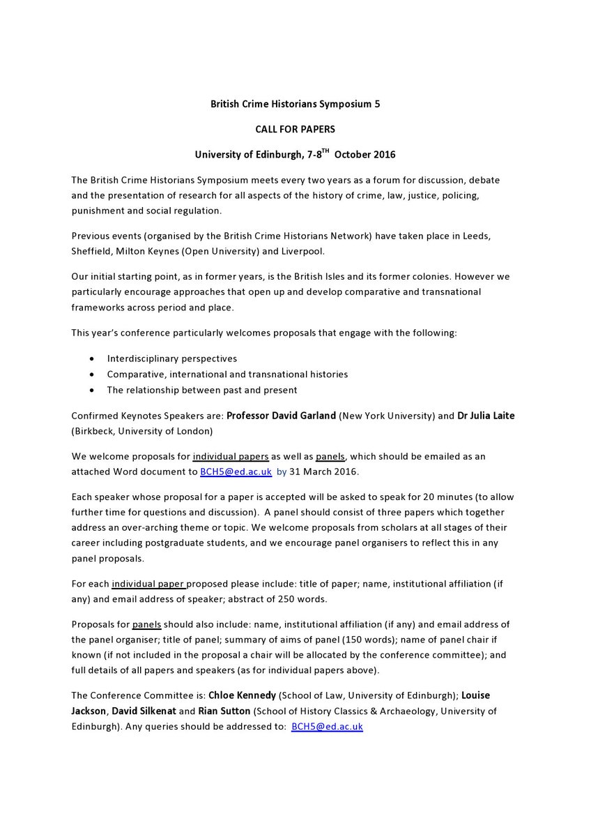 ChloeJSKennedy's tweet photo. British Crime Historians CFP @UoELawSchool @CentreLegalHist @legalhistory @StairSociety @JurisDiversitas #BCHS16 https://t.co/K2s66ZMXJJ