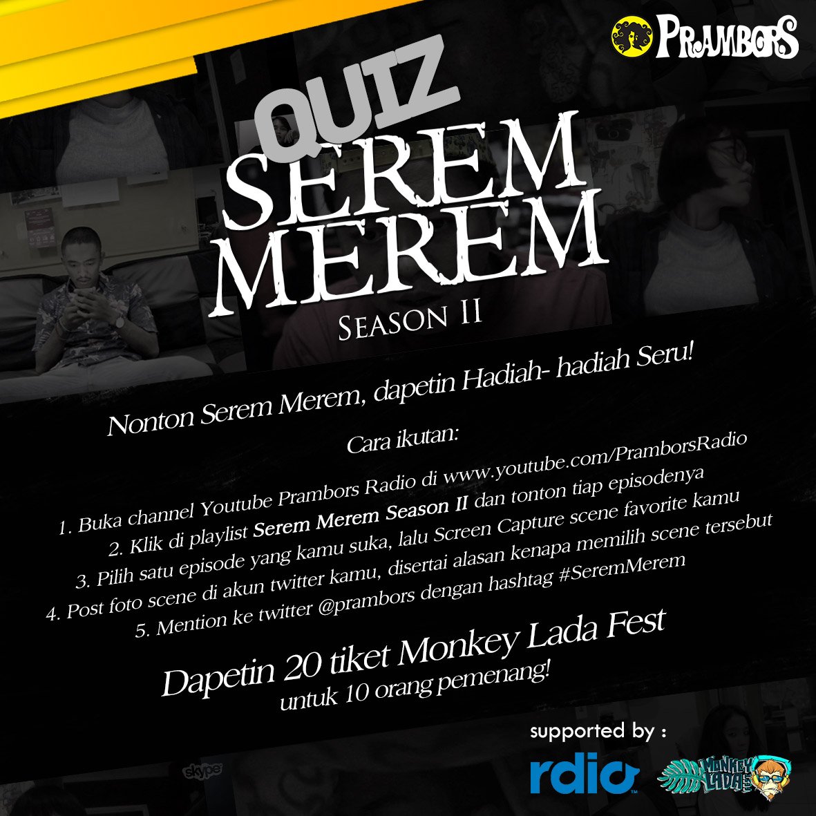 Prambors's tweet photo. Ayo ikutan kuis #SEREMMEREM berhadiah tiket konser @MONKEYLADAFEST. Mau??? https://t.co/kokbnDQDDD