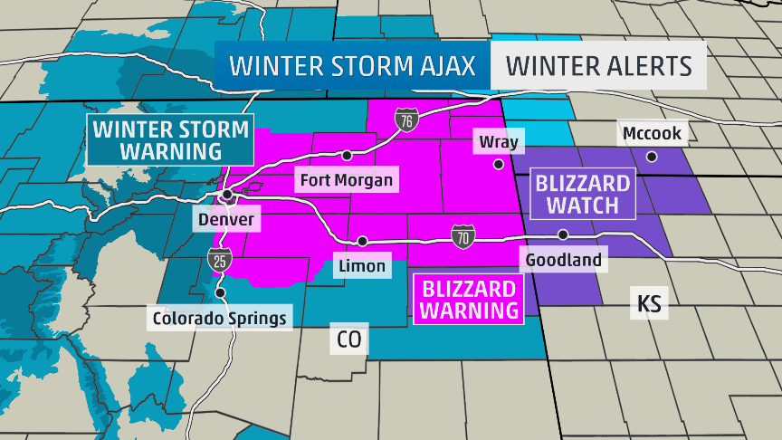weatherchannel's tweet photo. #BLIZZARD Warnings issued for #Denver &amp; NE CO as #Winter Storm #Ajax moves in tonight: https://t.co/MCTx541T3w #COwx https://t.co/OkqhlKnlDD