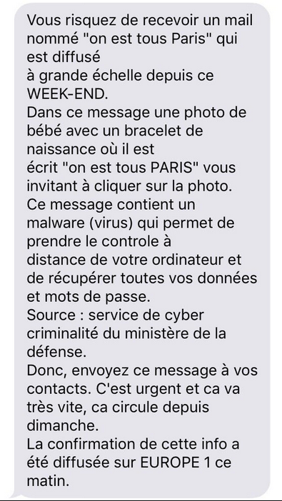 Le_Figaro's tweet photo. 🔴 Une fausse alerte au #virus informatique circule par #SMS >> https://t.co/UJGtPTh3Qc #ParisAttacks https://t.co/PuppCgqCGb