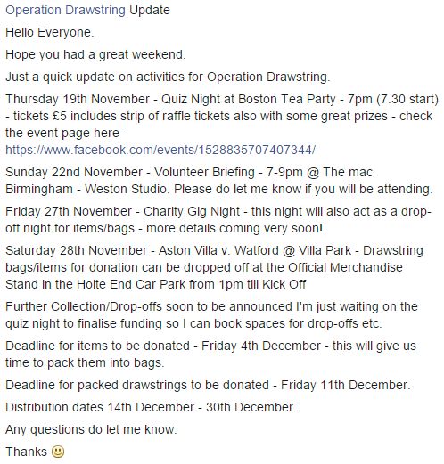 opdrawstring's tweet image. Operation Drawstring Update... Information regarding quiz night, collections/drop-offs, volunteering & deadlines.