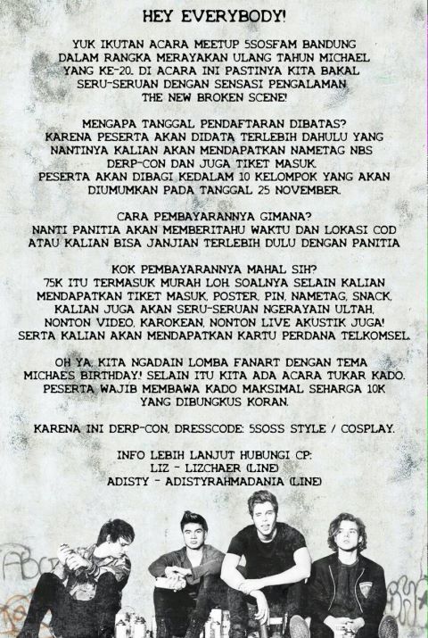 5SOSUpdatesID's tweet photo. 5SOS Bandung tribute to 5 Seconds of Summer "The New Broken Scene a derp-con event + Michael's Birthday Party" https://t.co/V8CBLToUSi