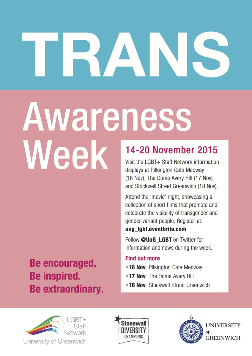 UniofGreenwich's tweet photo. It's Trans Awareness week, our staff and student networks are hosting events all week. Follow on #UoGLGBTTrans https://t.co/JPfPNiMHiO