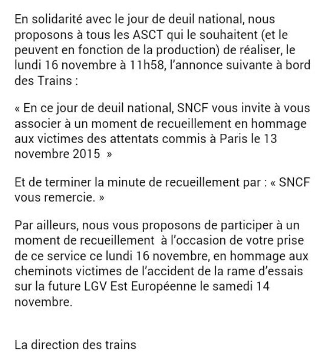 CdbSncf's tweet photo. Les chefs de bord #sncf ont reçu cette note de la part de notre direction. 
#MinuteDeSilence #DeuilNational https://t.co/hcFxv7vQx5