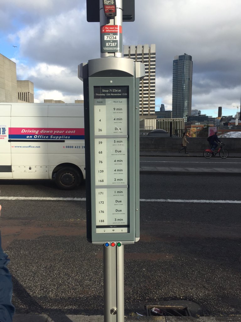 Technoframe's tweet image. We've launched London's first ever e-paper real-time bus stop, using only solar power to update.
