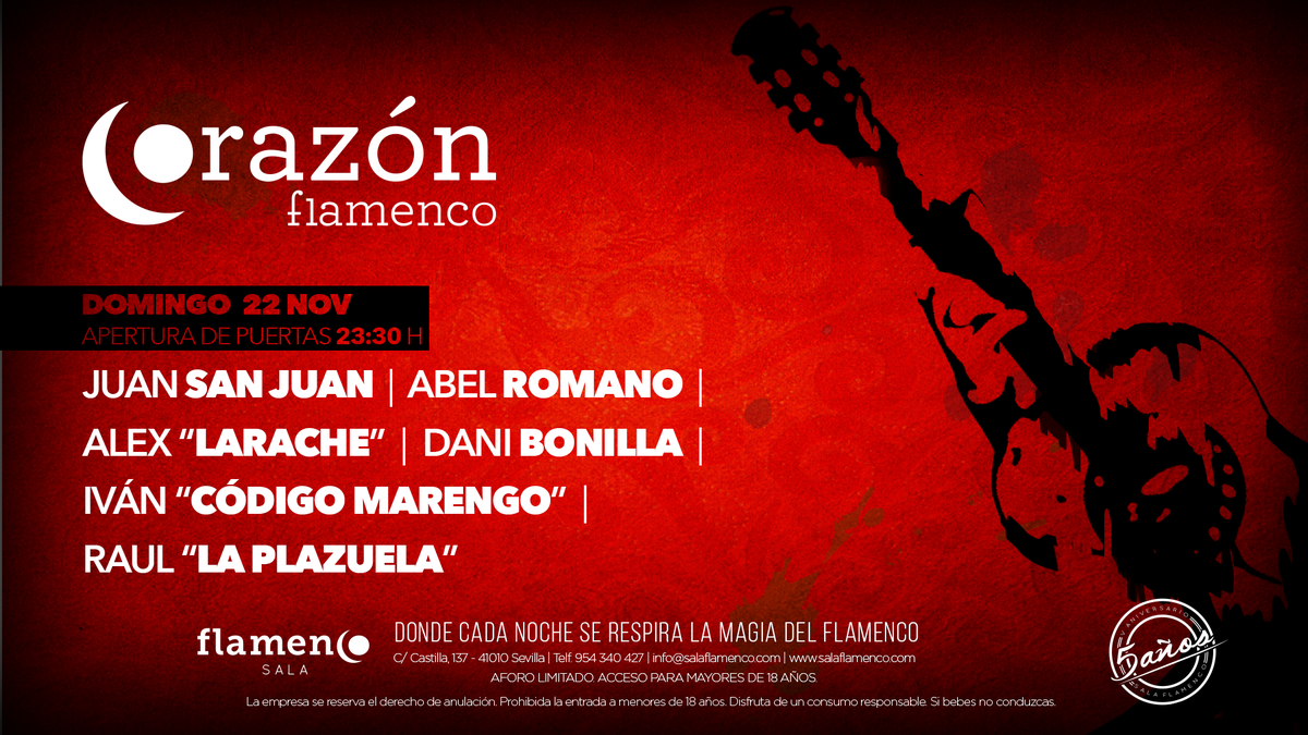 El domingo vuelve #CorazónFlamenco con <a href="/Juansanjuan21/">juan san juan oficial</a>, <a href="/RaulRegateiro/">Raúl Regateiro</a>,<a href="/Danibonilla86/">Dani Bonilla</a>, @Ivan_Sinlache y Álex Larache