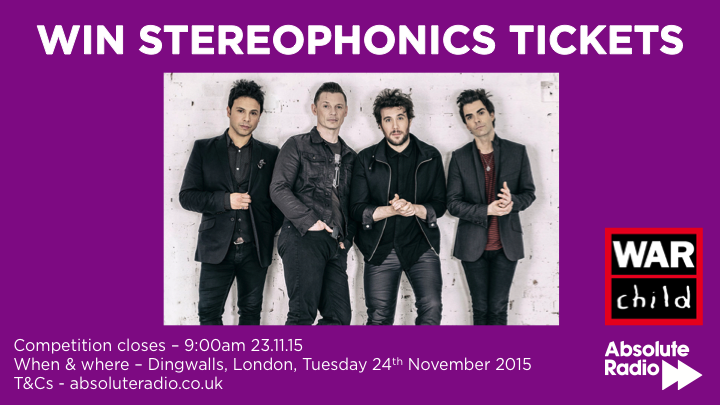 absoluteradio's tweet photo. Follow us &amp; RT this for the chance to see @stereophonics at a special @WarChildUK gig in London on Tuesday 24/11! https://t.co/RMNpnQdh7n