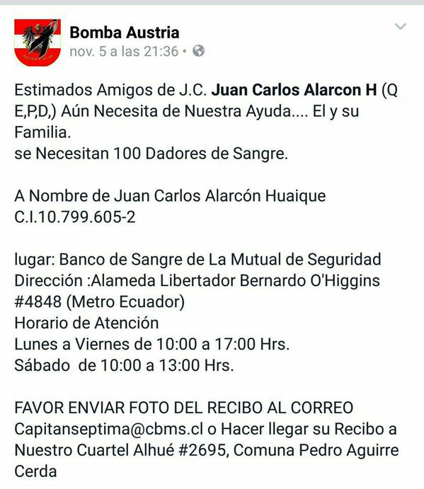 Favor Rt. aún Se Necesitan Dadores de Sangre para Juan Alarcón H. (Q,E,P,D,) @bombapudahuel <a href="/CBQN/">C.B. Qta. Normal</a> <a href="/octavaqn/">Octava Compañía CBQN</a>