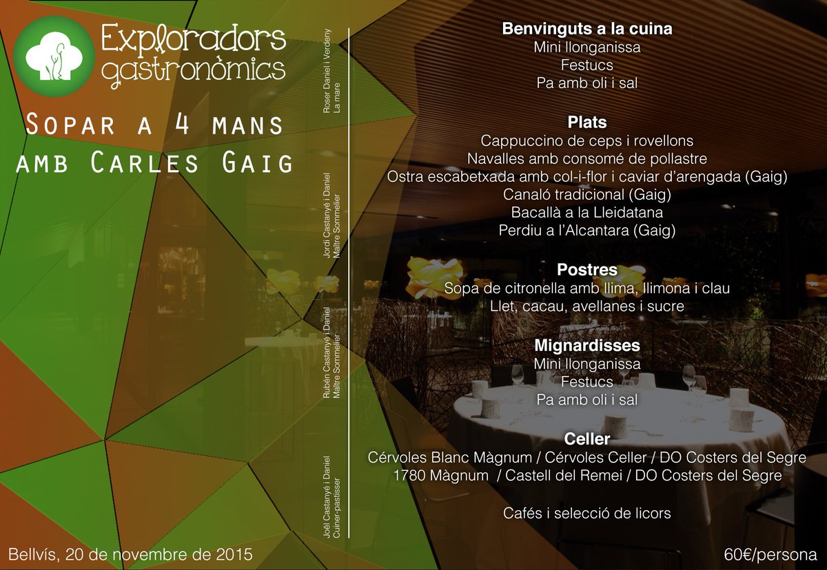 <a href="/CarlesGaig/">Carles Gaig</a> i #JoelCastanyé aquest divendres al sopar 4 mans de #LaBoscana #exploradorsgastronòmics <a href="/Gastronomiaycia/">Gastronomía y Cía</a>