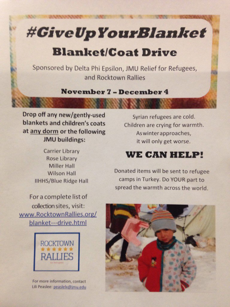 JMU_PASO's tweet photo. If you're interested in helping refugees donate to the #GiveUpYourBlanket blanket/coat drive from 11/7/15-12/4/15 https://t.co/4dezTsBOFd