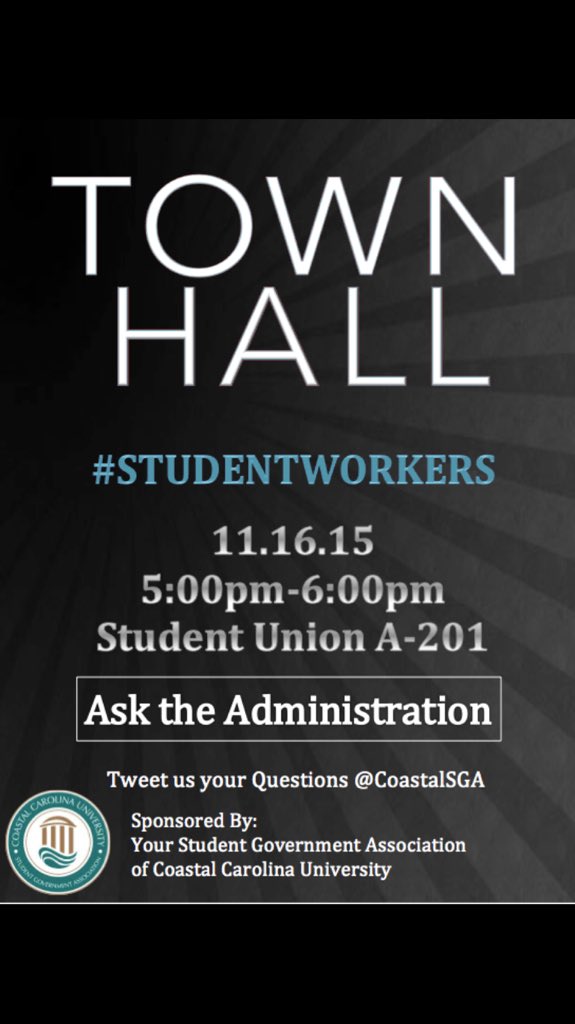 Our #StudentWorkers Town Hall is TODAY! If you can not attend, tweet us/DM your questions! It starts at 5:00!
#CCU