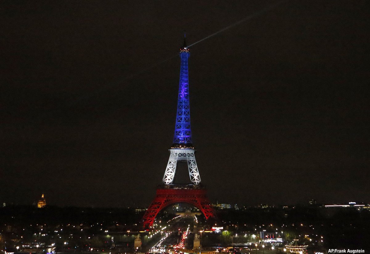 FoxNews's tweet image. The #EiffelTower is illuminated in blue, white and red in honor of the victims of the Paris terror attacks.