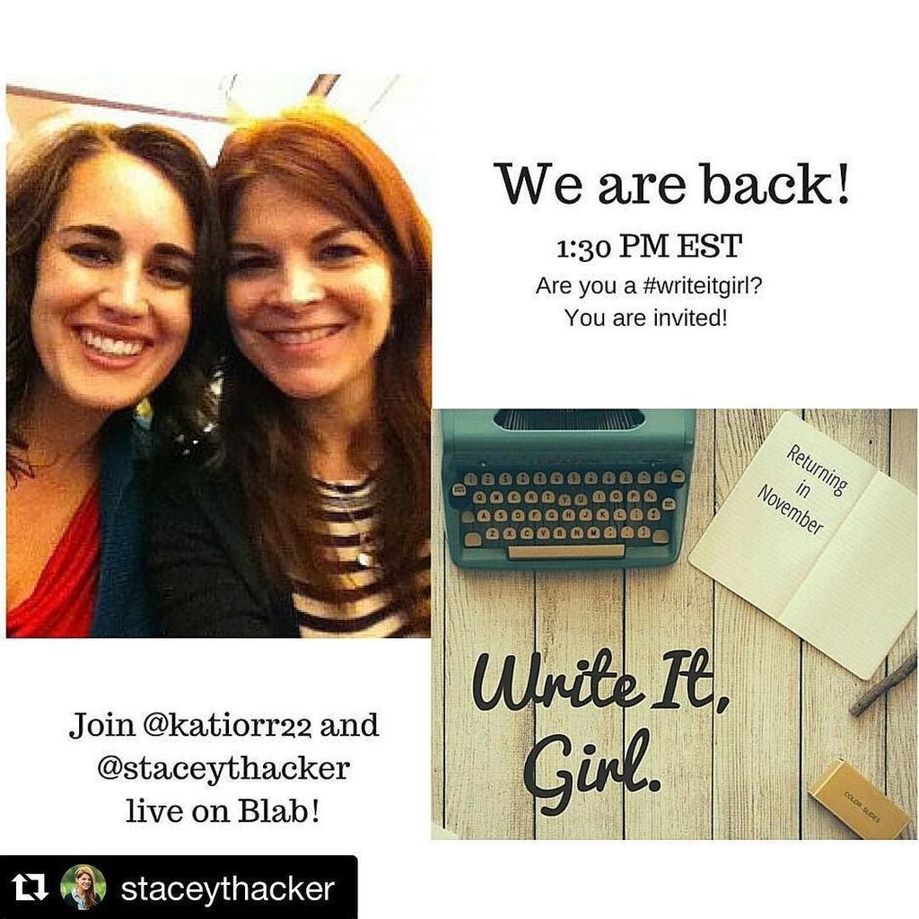 TheKatieOrr's tweet image. Join @staceythacker and me at 1:30 pm EST for the first episode of the #writeitgirl show! … ift.tt/1ObWM4Q