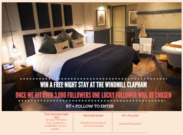 WindmillClapham's tweet photo. #competition time! Help us reach 3,000 followers for your chance to win a free night stay! RT + FOLLOW to enter! https://t.co/Rjeh0YD7w4