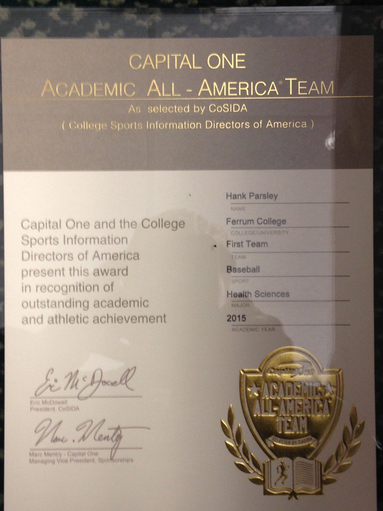 Ferrum_Baseball's tweet photo. Just received this great looking plaque. Congrats to Hank Parsley well deserved Academic All American. #PantherPride https://t.co/MhuODKVjWS