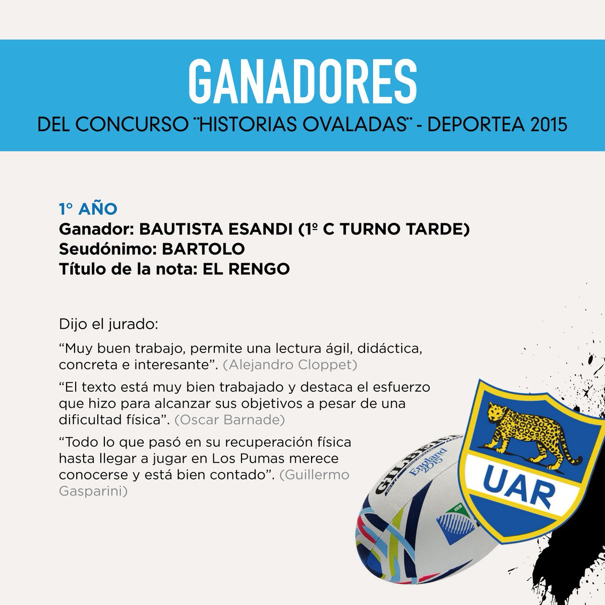 #EstamosContentos> Felicitamos a Bautista Esandi (#1C-tarde), ganador de 1er.año del Concurso Anual #Deportea #Pumas