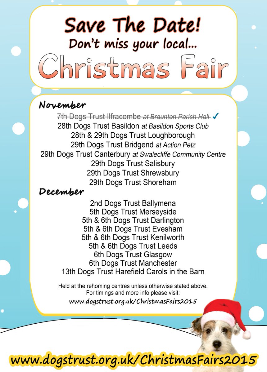 DogsTrust's tweet photo. * SAVE THE DATE * Don't miss your local Dogs Trust #Christmas Fair...www.dogstrust.org.uk/christmasfairs2015 https://t.co/y4TWv19mAG