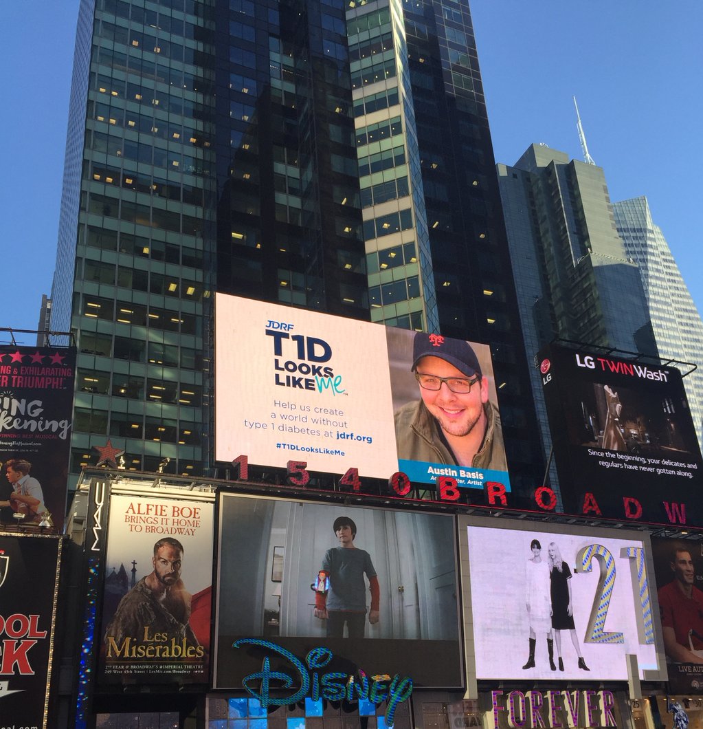 BT1D_Advocacy's tweet photo. Check out 2015 #JDRFcc celebrity advocate @AustinBasis featured on #T1DLooksLikeMe billboard in #TimesSquare! #NDAM https://t.co/EsMVoMNRXy