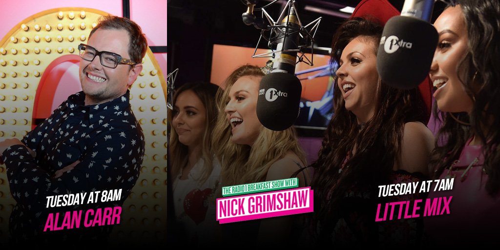 R1Breakfast's tweet photo. ON tomorrow's show: @AlanCarr &amp; @LittleMix! 
btw. Alan Carr = so sassy he doesn't even have a blue tick on Twitter 💅 https://t.co/rqx2oa5bRt