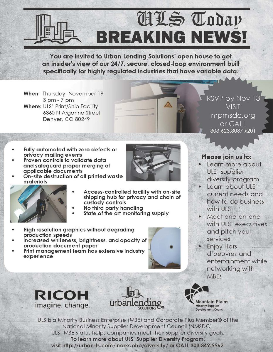 UrbanLending's tweet photo. Thursday, Nov 19. ULS, @MPMSDC &amp; Ricoh will partner together for Annual Urban Exchange, held at the print facility. https://t.co/NuNoIZmguq