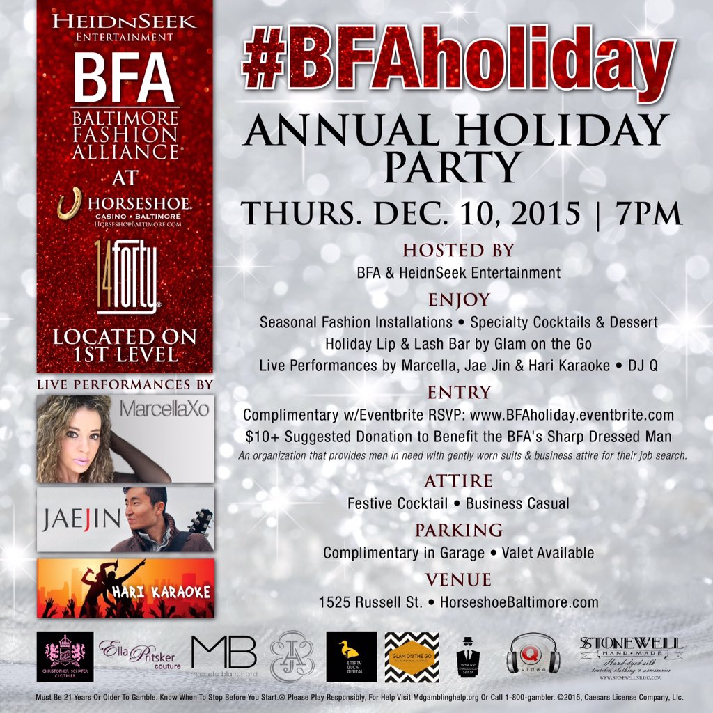 BMoreFashion's tweet photo. Please join BFA &amp; @HeidnSeekEnt for our holiday party 12/10 @HorseshoeBmore @downtowndiane https://t.co/9Ot4wvTaUT https://t.co/zB96wtGKNl
