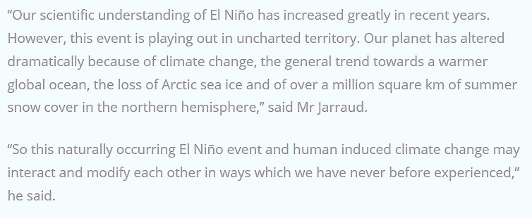 UNFCCC's tweet image. WMO says 2015 El Niño playing out in "unchartered territory" due to #climatechange bit.ly/1NWBMRl #COP21