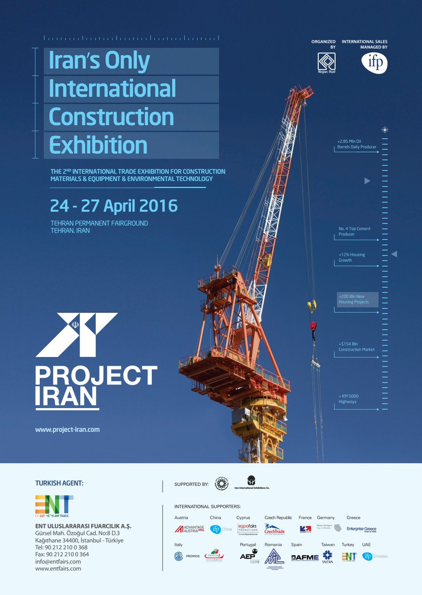 EntFairs's tweet image. PROJECT IRAN  24-27 NİSAN 2016 İRAN-TAHRAN Uluslararası Yapı Fuarı için acele edin
0212 210 0 368 info@entfairs.com