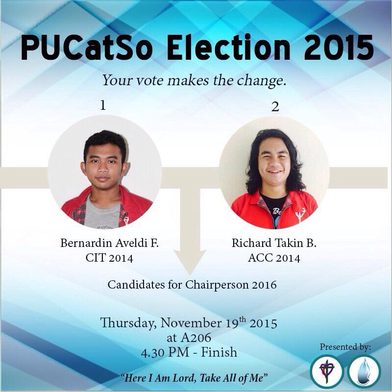 PUCATSO's tweet photo. Candidates of chairperson of PUCatSo 2016:
1. Bernardin Aveldi
2. Richard Takin

Thu, 19 Nov 2015
@4.30PM at A206 https://t.co/E1fekc7Wq4