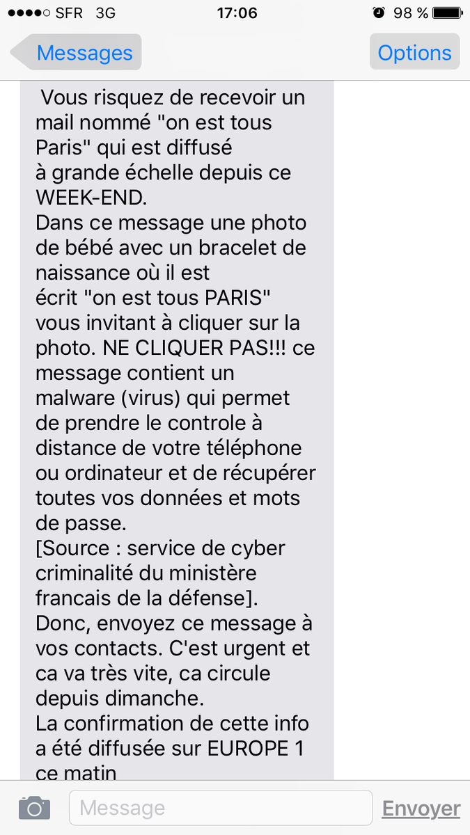 Interieur_Gouv's tweet image. Des Hoax de ce type circulent en ce moment par SMS ou par mail. Soyez attentifs, vérifiez l'information #hoaxbuster