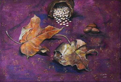 Dorit Adrin, Autumn Leaves, Oil Pastels on  Paper