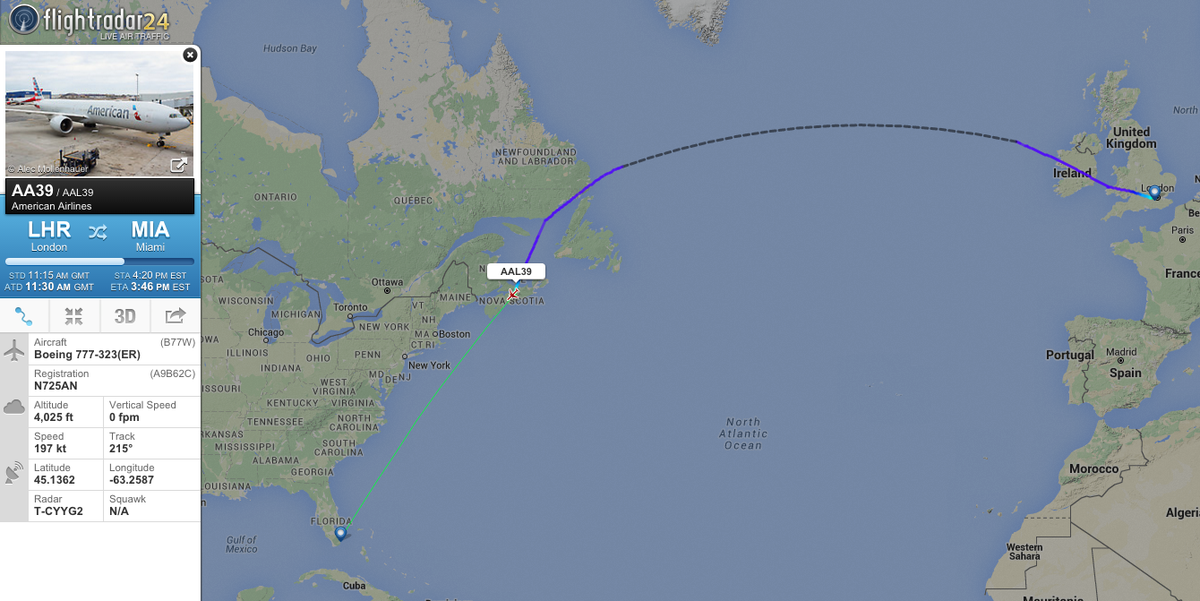 flightradar24's tweet photo. #AA39, London-Miami, is diverting to Halifax due to a passenger medical issue. https://t.co/DcPm6A9SRo https://t.co/pB0Hr6qyhF
