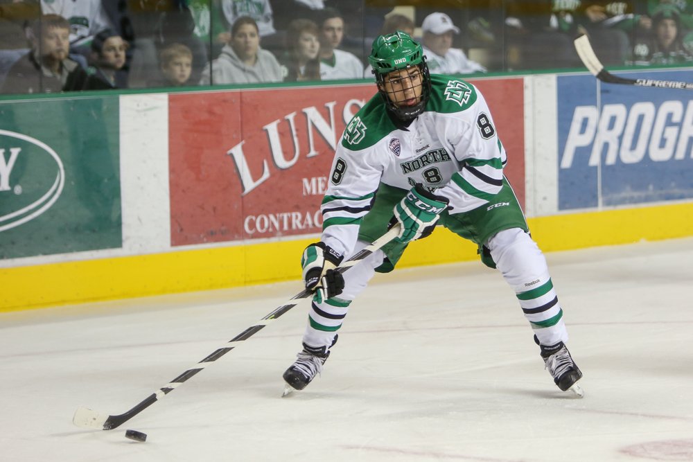NHLBlackhawks's tweet photo. WATCH: Nick Schmaltz starts—and finishes—an unbelievable passing sequence for North Dakota. https://t.co/zcpvswUgqN https://t.co/f4OroGpG30
