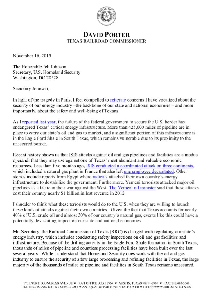 SABJEnergy's tweet photo. Texas Railroad Commission Chairman David Porter calls for stricter border security following the #ParisAttacks https://t.co/ydgPb7VMzG