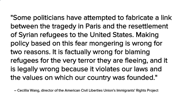 It is wrong to blame refugees for the very terror they are fleeing — a statement from the <a href="/ACLU/">ACLU</a>