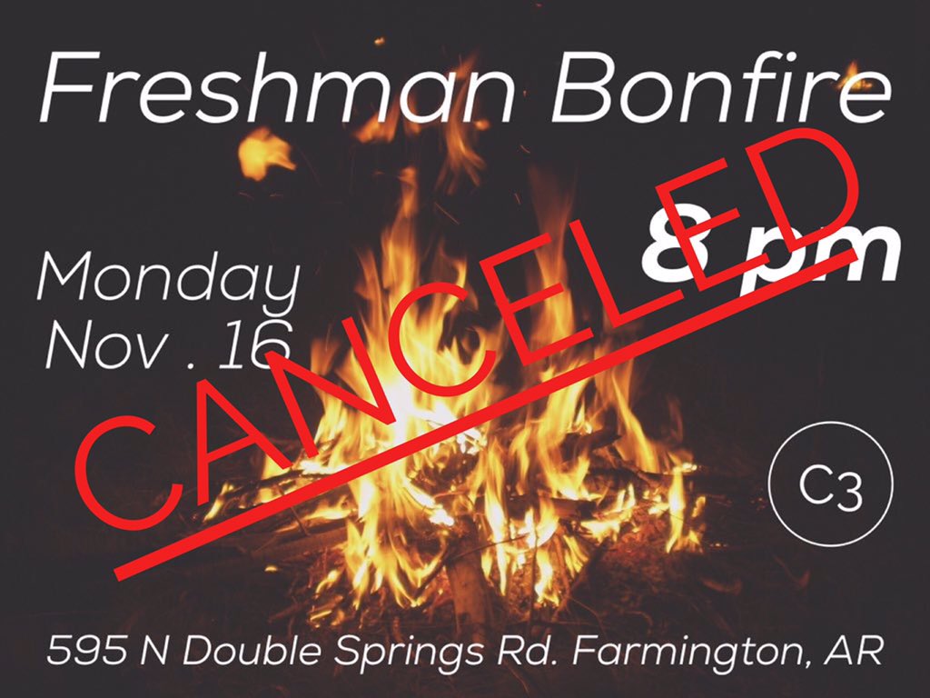 c3crosschurch's tweet photo. @uofark2019 stay tuned for a new date, freshman! Due to inclement weather we have to postpone the bon fire! https://t.co/KMldruGoTz