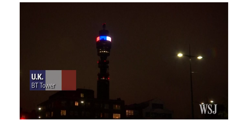 MarketWatch's tweet photo. Watch landmarks around the world light up in France's colors in a sign of solidarity https://t.co/FtlNpDoQ6J https://t.co/UBjm0KOzYd