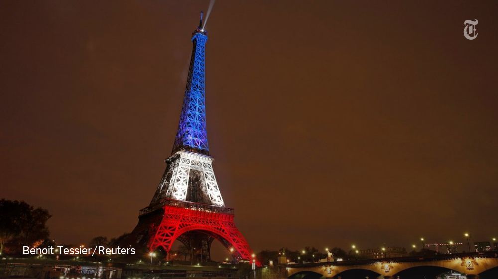 nytimes's tweet photo. The Eiffel Tower will be lit in bleu, blanc and rouge for 3 days https://t.co/wUk9h5oRGa https://t.co/L0FjN9BRJG