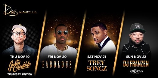 DraisLV's tweet photo. This weekend!

Th @J_Credible
Fr @MyFabolousLife LIVE
Sa @TreySongz LIVE
Su @DJ_Franzen

Tix https://t.co/thIVwYmzLZ https://t.co/XcfWUMt78Q