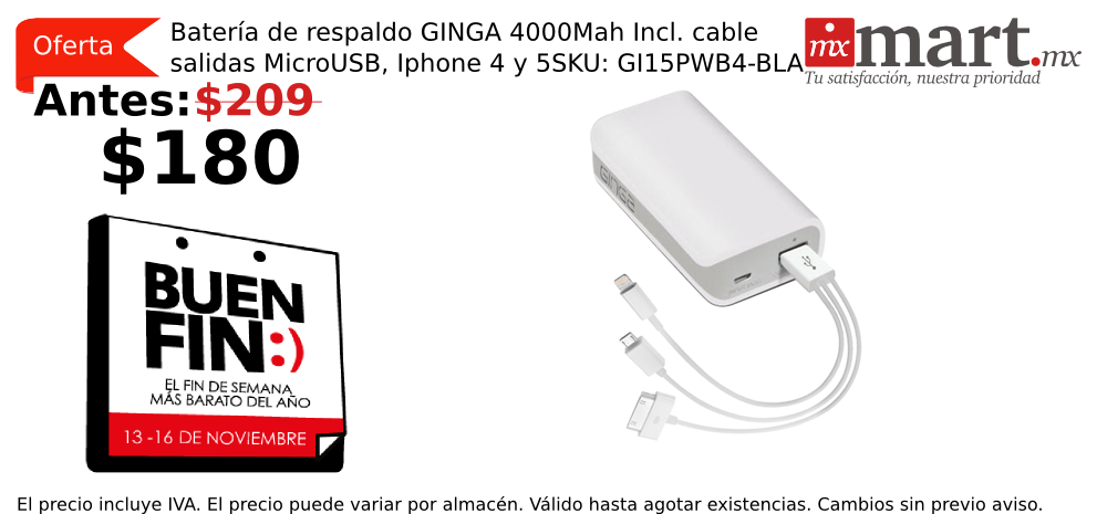 mxmartmx's tweet photo. #UltimoDia #BuenFin Bat resp #Ginga 4000 MicroUSB, #iPhone 4/5 SKU GI15PWB4-BLA $209 a $180 https://t.co/pdTDcRIQ0j https://t.co/y56tok8eeF